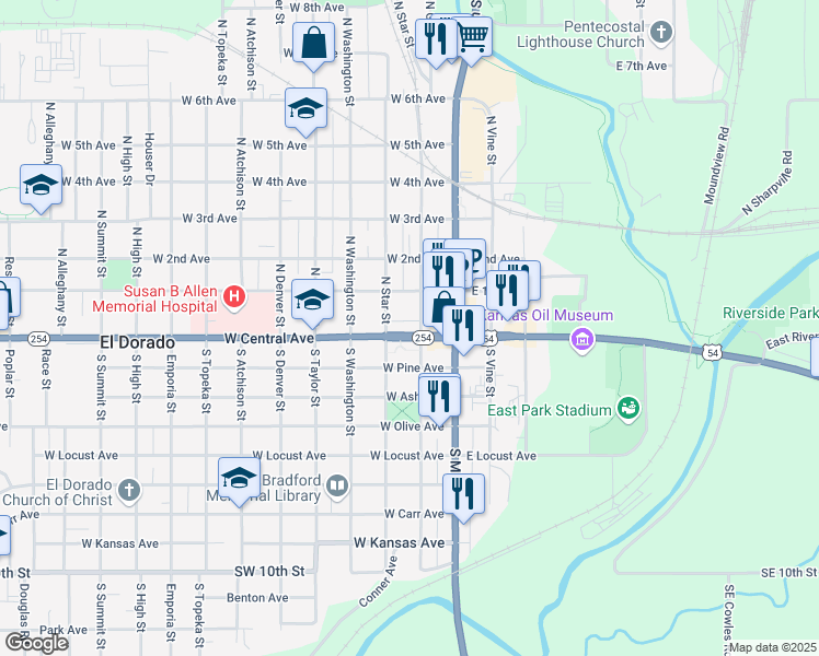 map of restaurants, bars, coffee shops, grocery stores, and more near 116 North Star Street in El Dorado