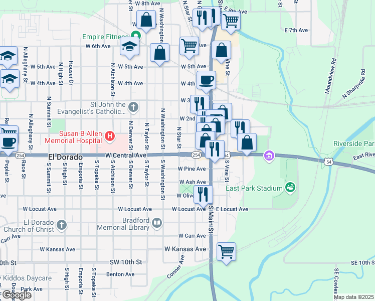 map of restaurants, bars, coffee shops, grocery stores, and more near 116 North Star Street in El Dorado