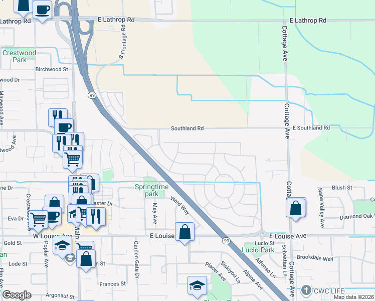 map of restaurants, bars, coffee shops, grocery stores, and more near 692 East Southland Road in Manteca