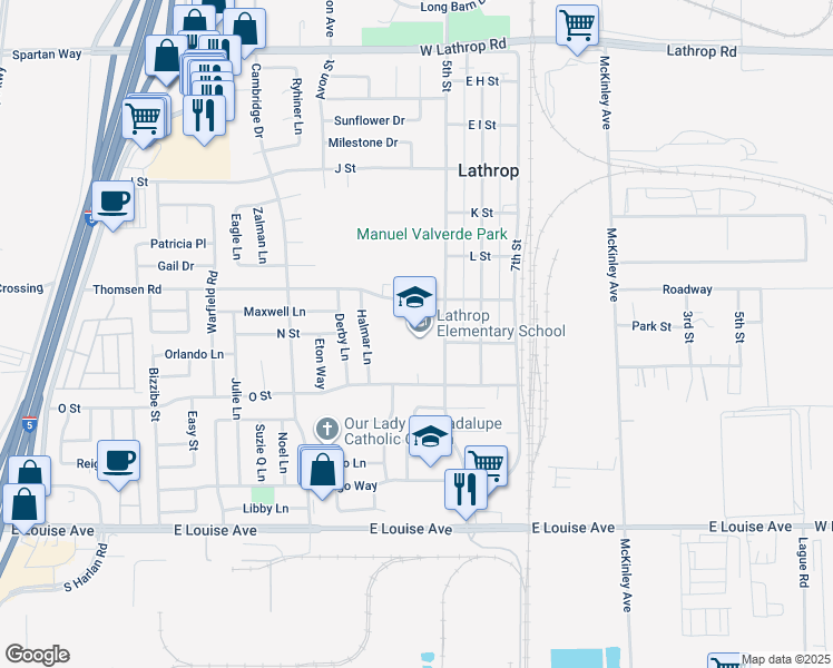 map of restaurants, bars, coffee shops, grocery stores, and more near 15851 5th Street in Lathrop