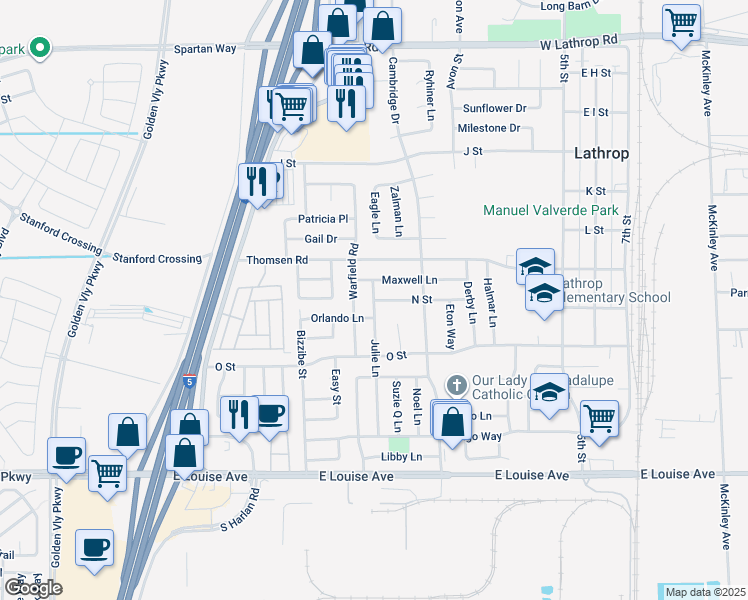 map of restaurants, bars, coffee shops, grocery stores, and more near 311 N Street in Lathrop