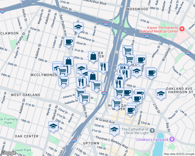 map of restaurants, bars, coffee shops, grocery stores, and more near 683 28th Street in Oakland