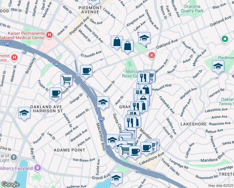 map of restaurants, bars, coffee shops, grocery stores, and more near 580 Chetwood Street in Oakland