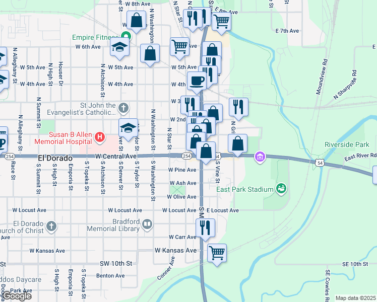 map of restaurants, bars, coffee shops, grocery stores, and more near 124 West Central Avenue in El Dorado