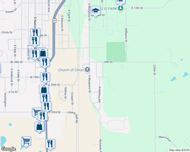 map of restaurants, bars, coffee shops, grocery stores, and more near 1816 Tiernan Road in Fort Scott