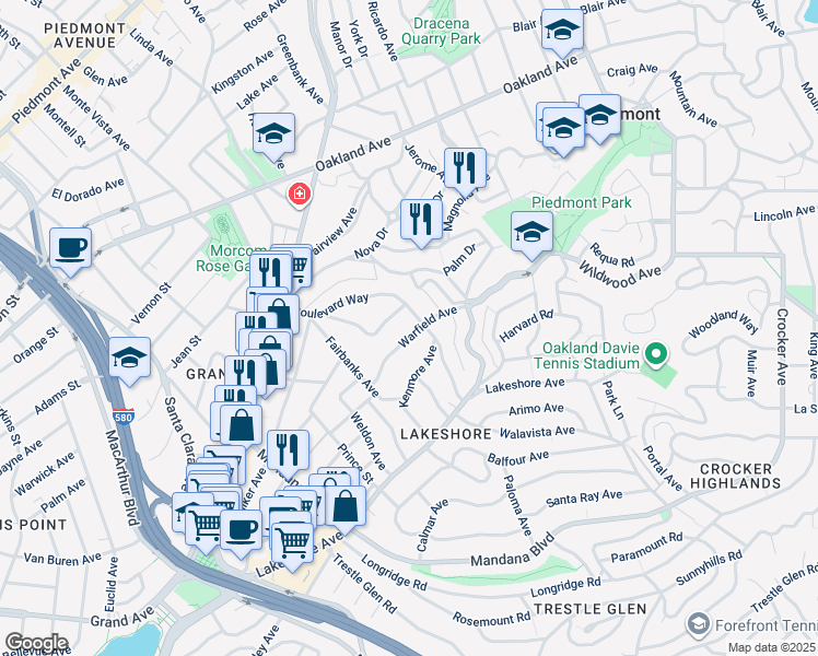 map of restaurants, bars, coffee shops, grocery stores, and more near 1081 Warfield Avenue in Oakland