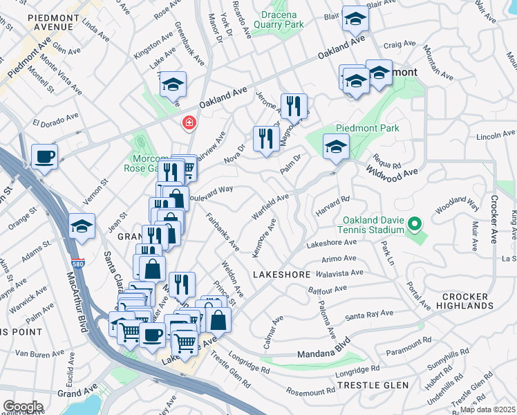 map of restaurants, bars, coffee shops, grocery stores, and more near 1081 Warfield Avenue in Oakland