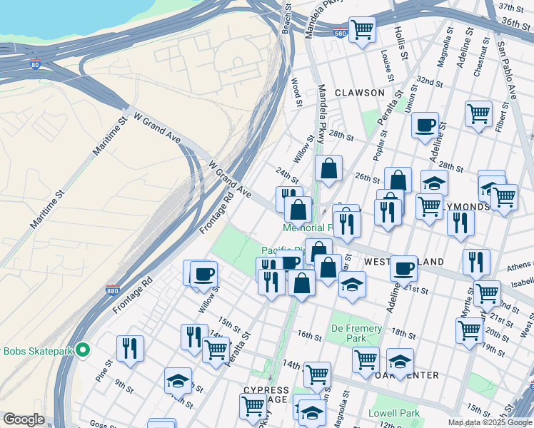 map of restaurants, bars, coffee shops, grocery stores, and more near 1655-1681 W Grand Ave in Oakland