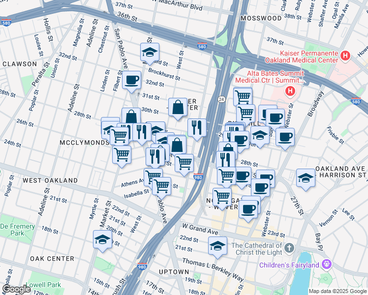 map of restaurants, bars, coffee shops, grocery stores, and more near 683 28th Street in Oakland