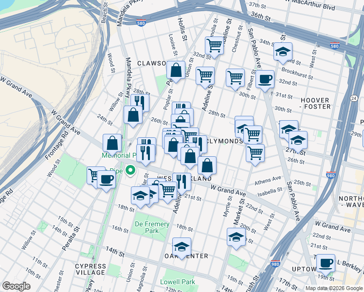map of restaurants, bars, coffee shops, grocery stores, and more near 2420 Magnolia Street in Oakland