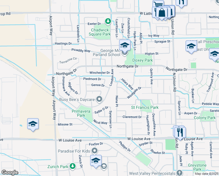 map of restaurants, bars, coffee shops, grocery stores, and more near 1370 London Avenue in Manteca