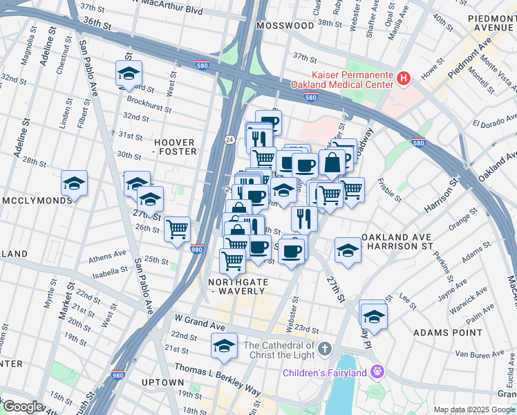 map of restaurants, bars, coffee shops, grocery stores, and more near 2868 Telegraph Avenue in Oakland
