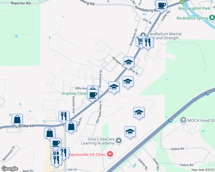 map of restaurants, bars, coffee shops, grocery stores, and more near 103 Fleetwood Drive in Waynesville