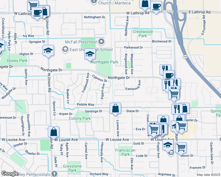 map of restaurants, bars, coffee shops, grocery stores, and more near 1414 Pajaro Avenue in Manteca