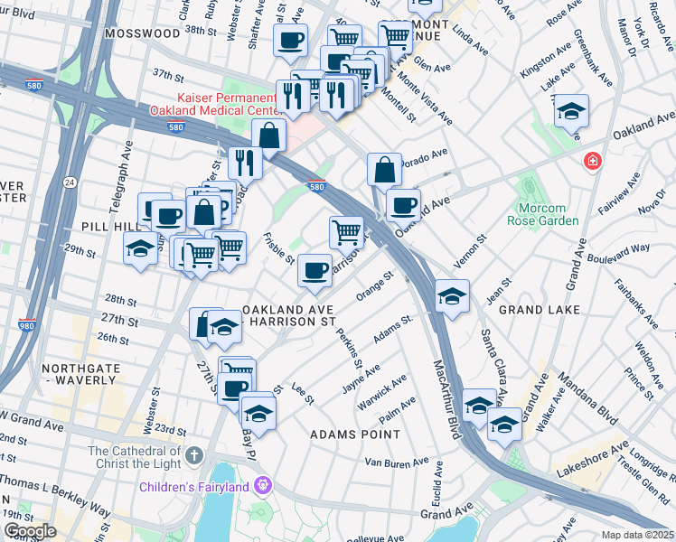 map of restaurants, bars, coffee shops, grocery stores, and more near 3210 Harrison Street in Oakland