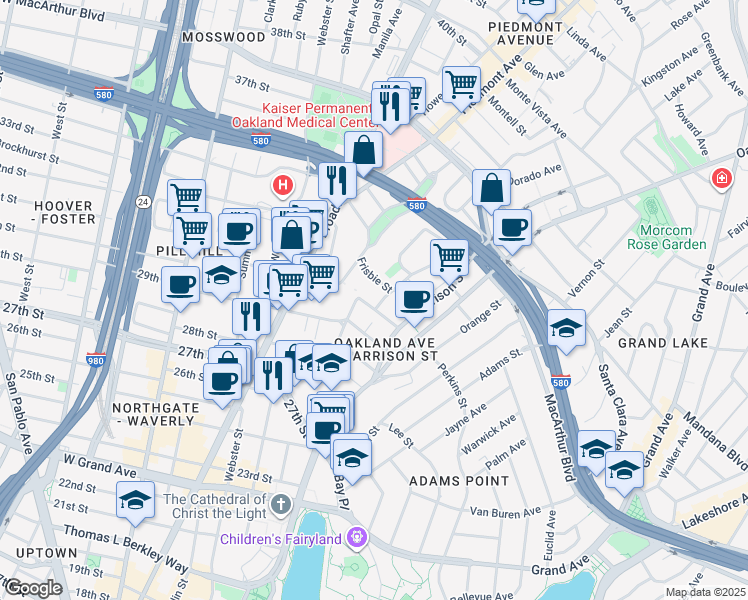 map of restaurants, bars, coffee shops, grocery stores, and more near in Oakland
