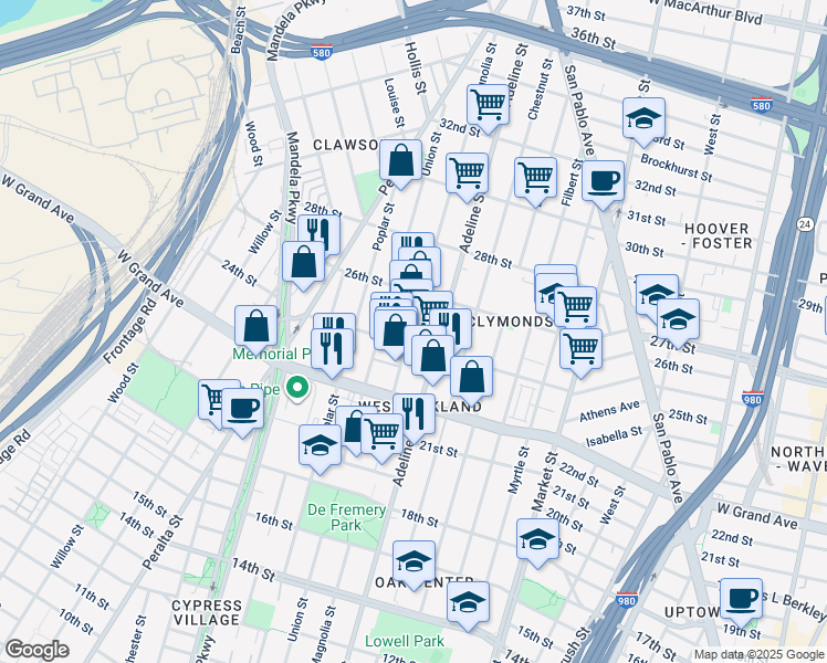 map of restaurants, bars, coffee shops, grocery stores, and more near 2420 Magnolia Street in Oakland