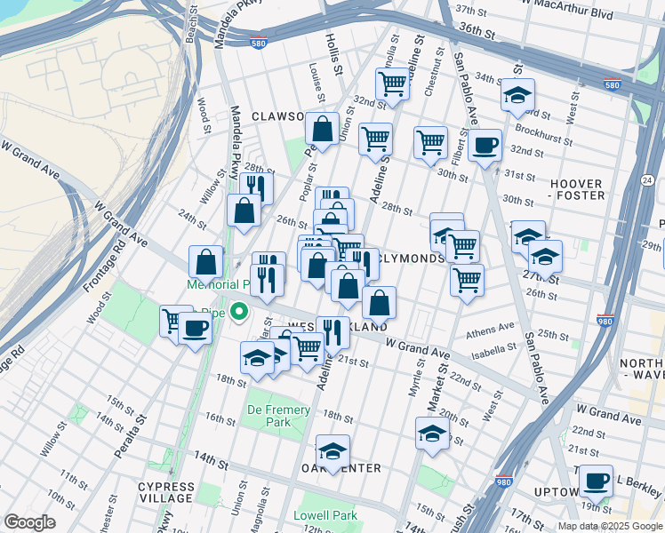 map of restaurants, bars, coffee shops, grocery stores, and more near 2420 Magnolia Street in Oakland