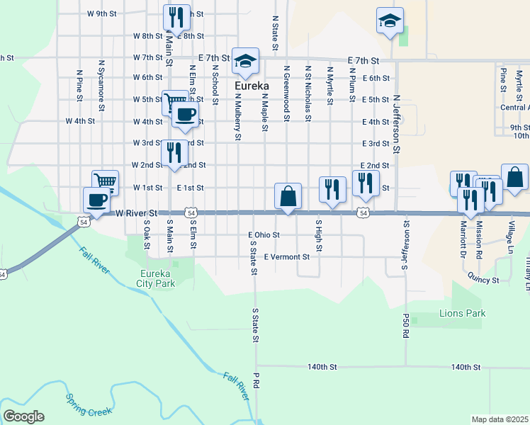 map of restaurants, bars, coffee shops, grocery stores, and more near 500 East River Street in Eureka