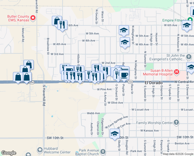 map of restaurants, bars, coffee shops, grocery stores, and more near 1702 West Central Avenue in El Dorado