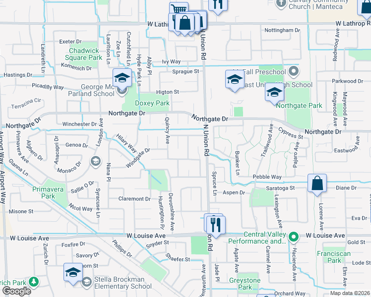 map of restaurants, bars, coffee shops, grocery stores, and more near 1429 Radcliff Lane in Manteca
