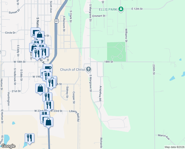 map of restaurants, bars, coffee shops, grocery stores, and more near 1823 South Margrave Street in Fort Scott