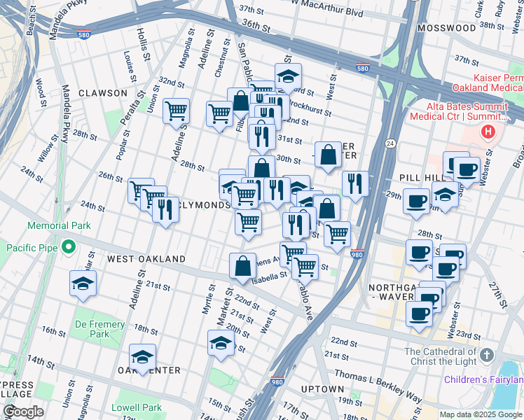 map of restaurants, bars, coffee shops, grocery stores, and more near 880 27th Street in Oakland