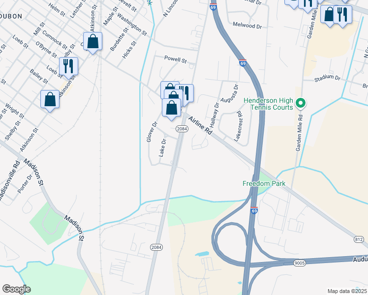 map of restaurants, bars, coffee shops, grocery stores, and more near 412 Southside Drive in Henderson