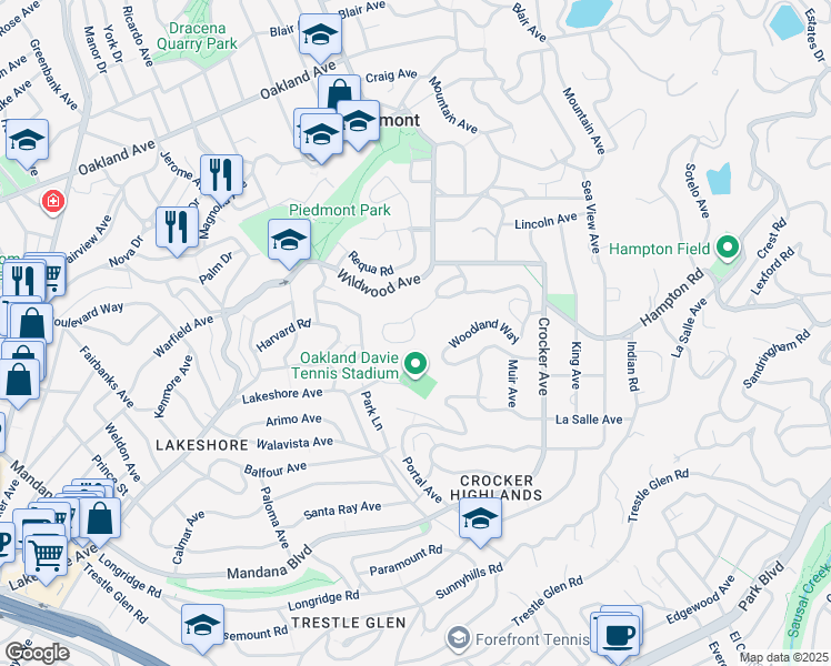 map of restaurants, bars, coffee shops, grocery stores, and more near 40 Wildwood Gardens in Piedmont
