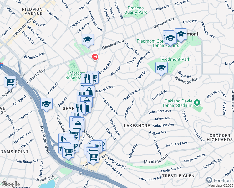 map of restaurants, bars, coffee shops, grocery stores, and more near 552 Crofton Avenue in Oakland