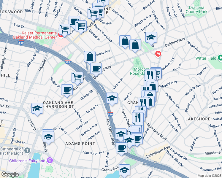 map of restaurants, bars, coffee shops, grocery stores, and more near 196 Santa Clara Avenue in Oakland