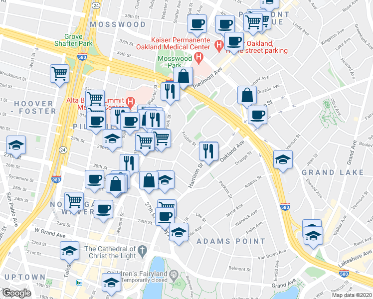 map of restaurants, bars, coffee shops, grocery stores, and more near in Oakland