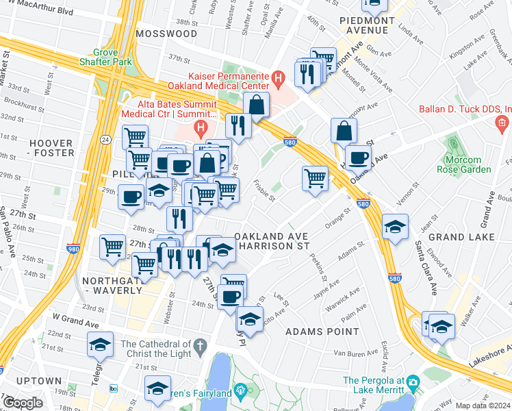 map of restaurants, bars, coffee shops, grocery stores, and more near 291 Fairmount Avenue in Oakland