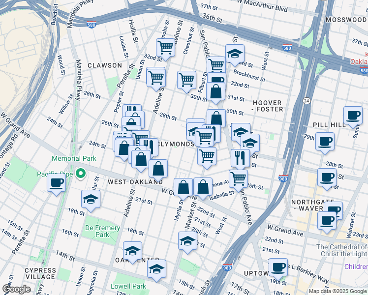 map of restaurants, bars, coffee shops, grocery stores, and more near in Oakland