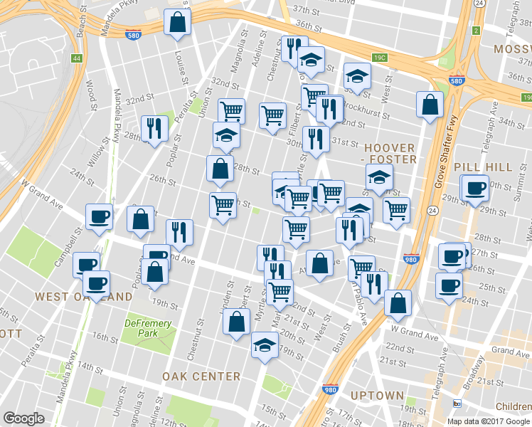 map of restaurants, bars, coffee shops, grocery stores, and more near in Oakland