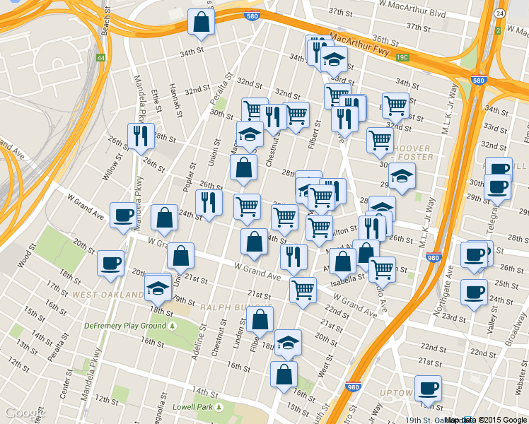 map of restaurants, bars, coffee shops, grocery stores, and more near in Oakland