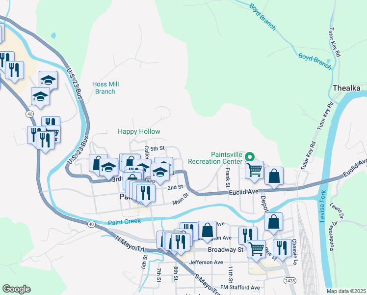 map of restaurants, bars, coffee shops, grocery stores, and more near 605-609 Margaret Heights in Paintsville