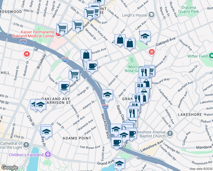 map of restaurants, bars, coffee shops, grocery stores, and more near 210 Santa Clara Avenue in Oakland