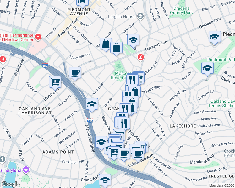 map of restaurants, bars, coffee shops, grocery stores, and more near 624 Jean Street in Oakland