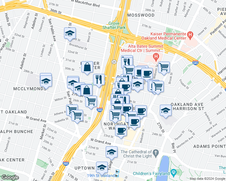 map of restaurants, bars, coffee shops, grocery stores, and more near 554 28th Street in Oakland