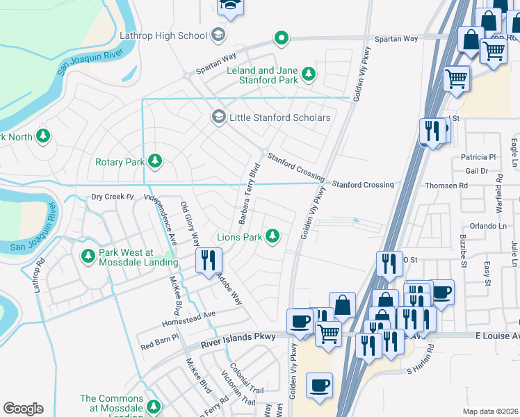 map of restaurants, bars, coffee shops, grocery stores, and more near 15900 Barbara Terry Boulevard in Lathrop