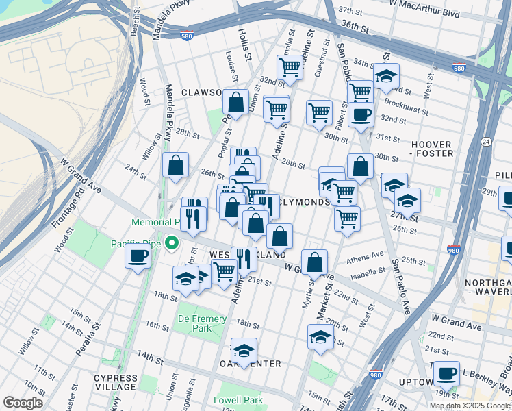 map of restaurants, bars, coffee shops, grocery stores, and more near 2439 Adeline Street in Oakland