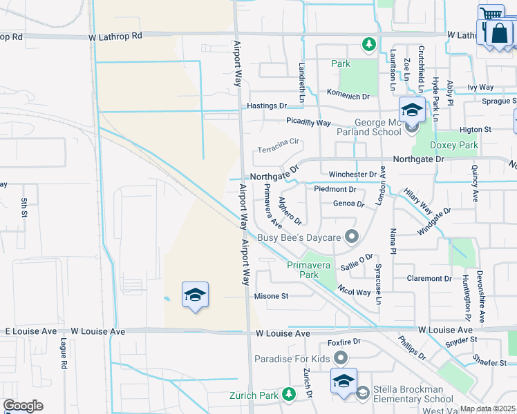 map of restaurants, bars, coffee shops, grocery stores, and more near 1392 Gianna Lane in Manteca