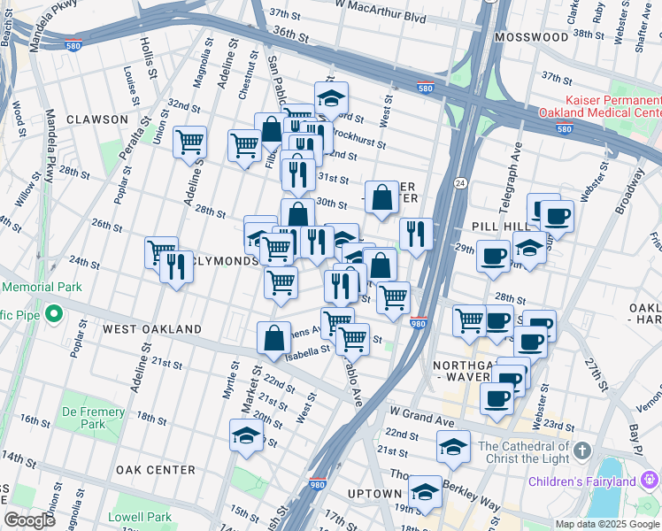 map of restaurants, bars, coffee shops, grocery stores, and more near 2710 San Pablo Avenue in Oakland