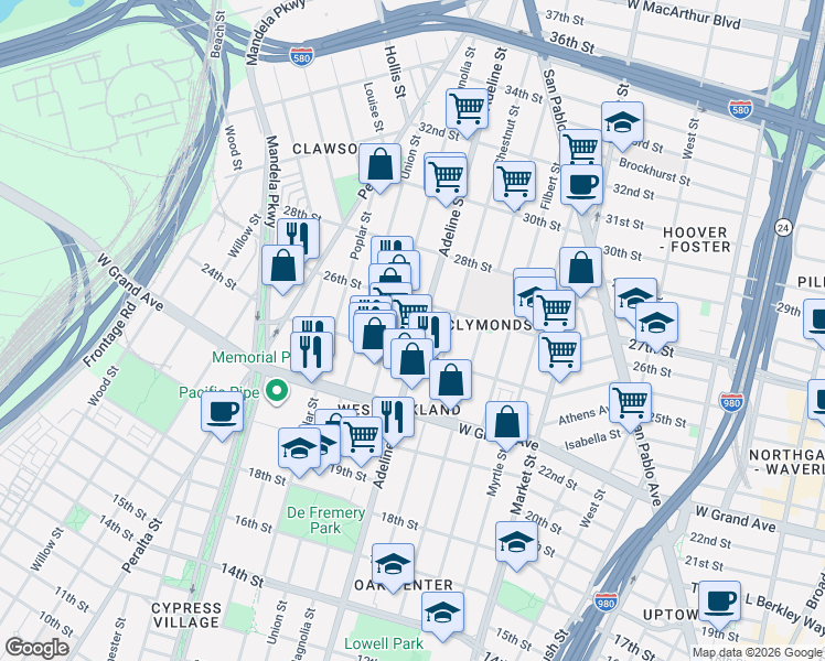map of restaurants, bars, coffee shops, grocery stores, and more near 2439 Adeline Street in Oakland
