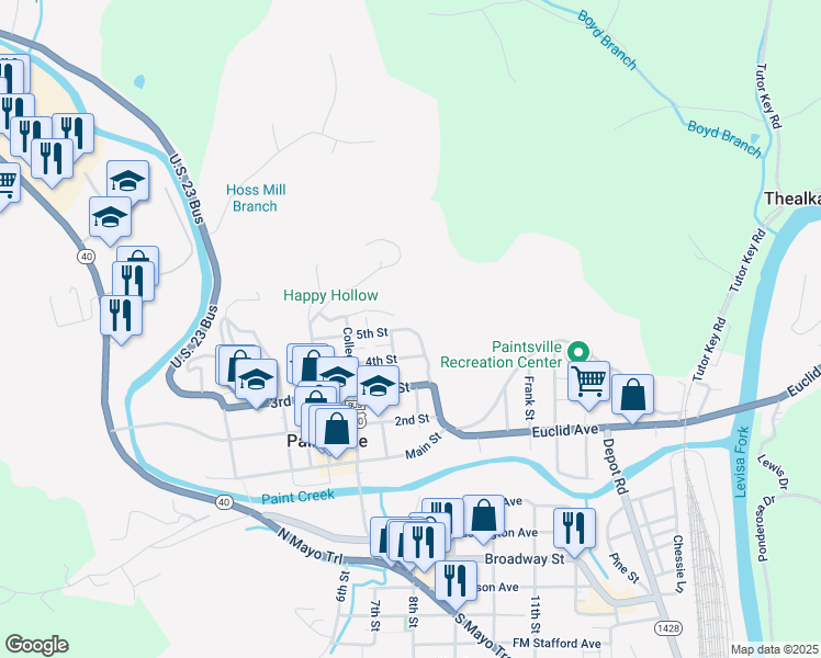 map of restaurants, bars, coffee shops, grocery stores, and more near 605 Margaret Heights in Paintsville