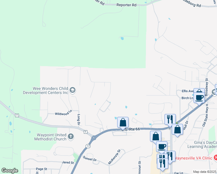 map of restaurants, bars, coffee shops, grocery stores, and more near 233 Settlers Pass in Waynesville
