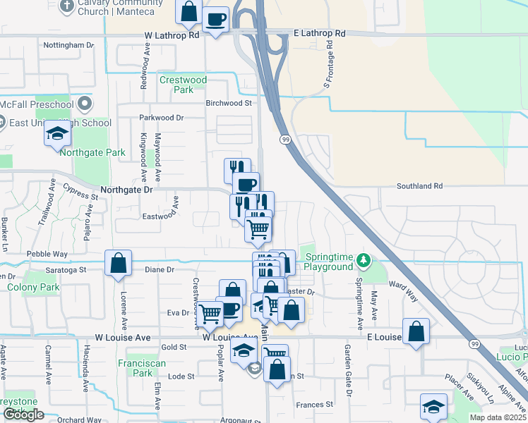 map of restaurants, bars, coffee shops, grocery stores, and more near 1300 North Main Street in Manteca
