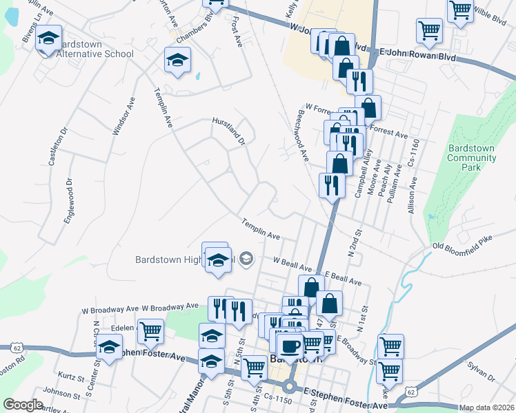 map of restaurants, bars, coffee shops, grocery stores, and more near 108 Arrow Trail in Bardstown