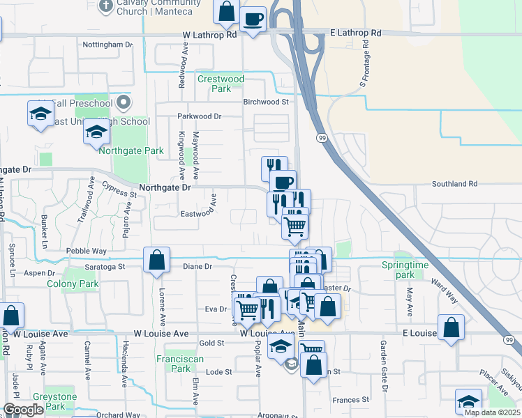 map of restaurants, bars, coffee shops, grocery stores, and more near 272 Laurelwood Circle in Manteca
